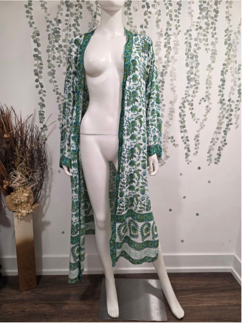 Raj Floral Duster Kimono One Size Green Blue Paisley Boho Lightweight - Picture 3 of 7